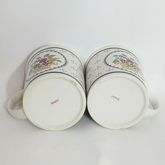 Fruit Basket Floral Coffee Mugs Apple Pear Pineapple Blue Yellow Cottage 2 - Picture 3 of 4